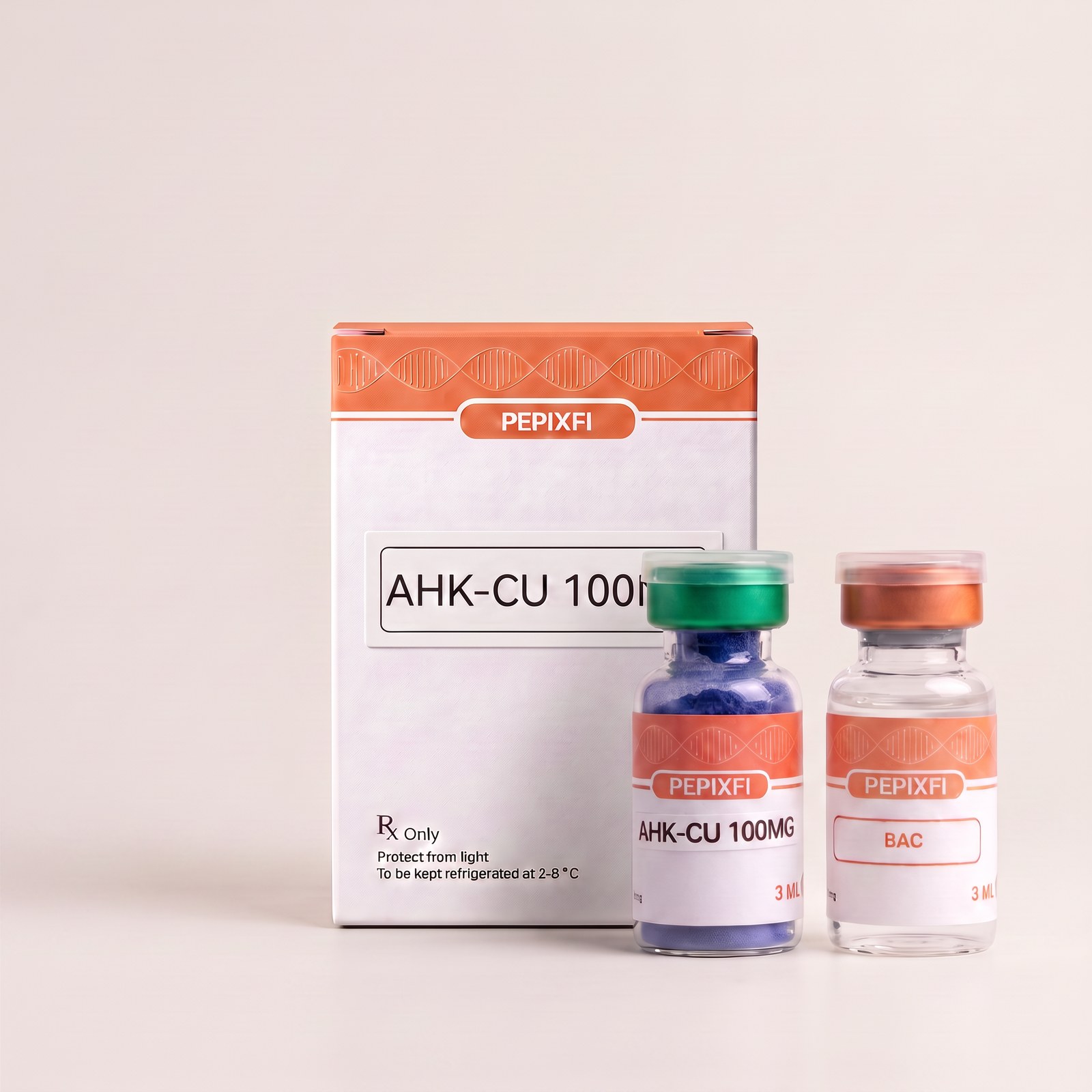 AHK-Cu 100mg — vial och BAC-vatten, förpackning från Pepixfi
