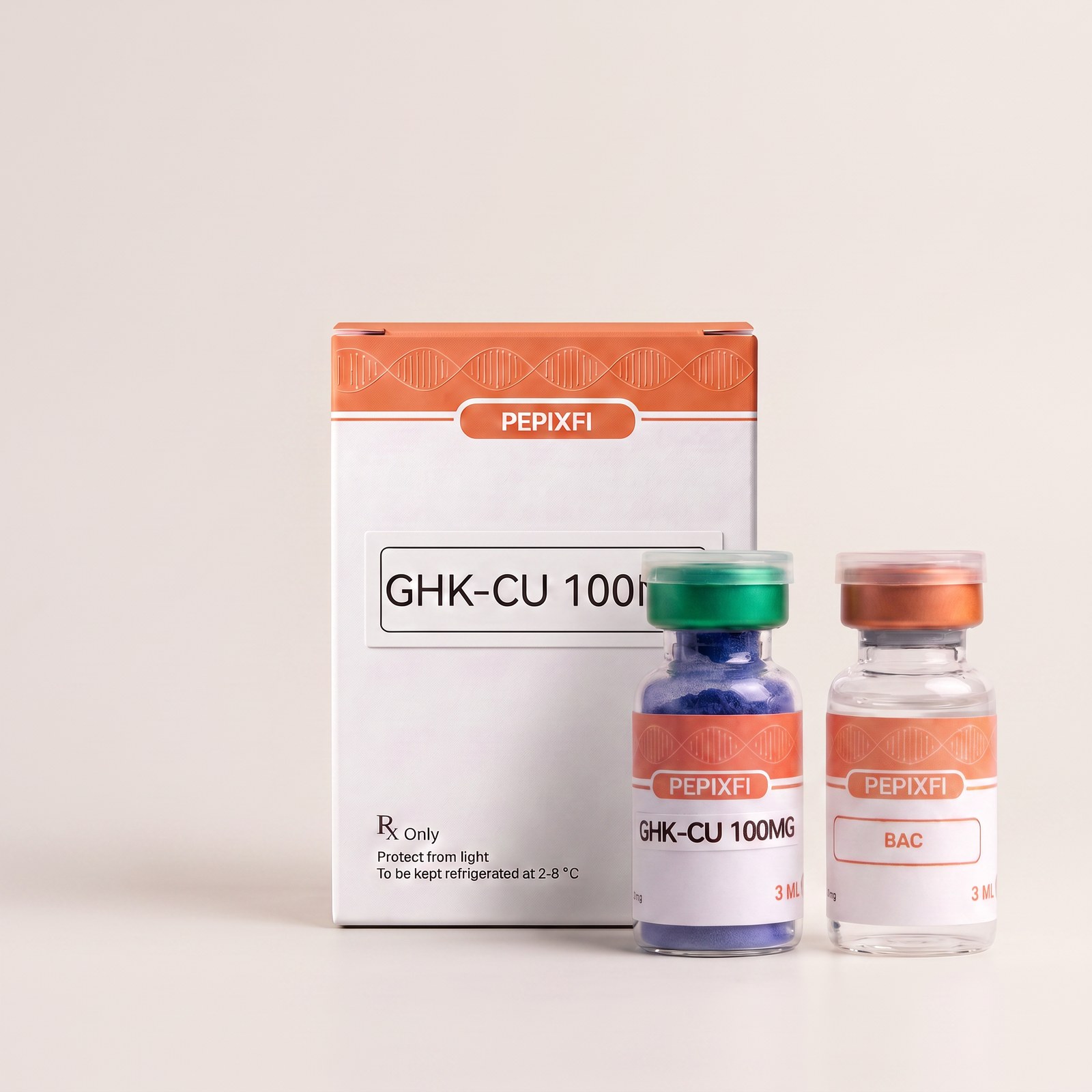 GHK-Cu 100mg — vial och BAC-vatten, förpackning från Pepixfi