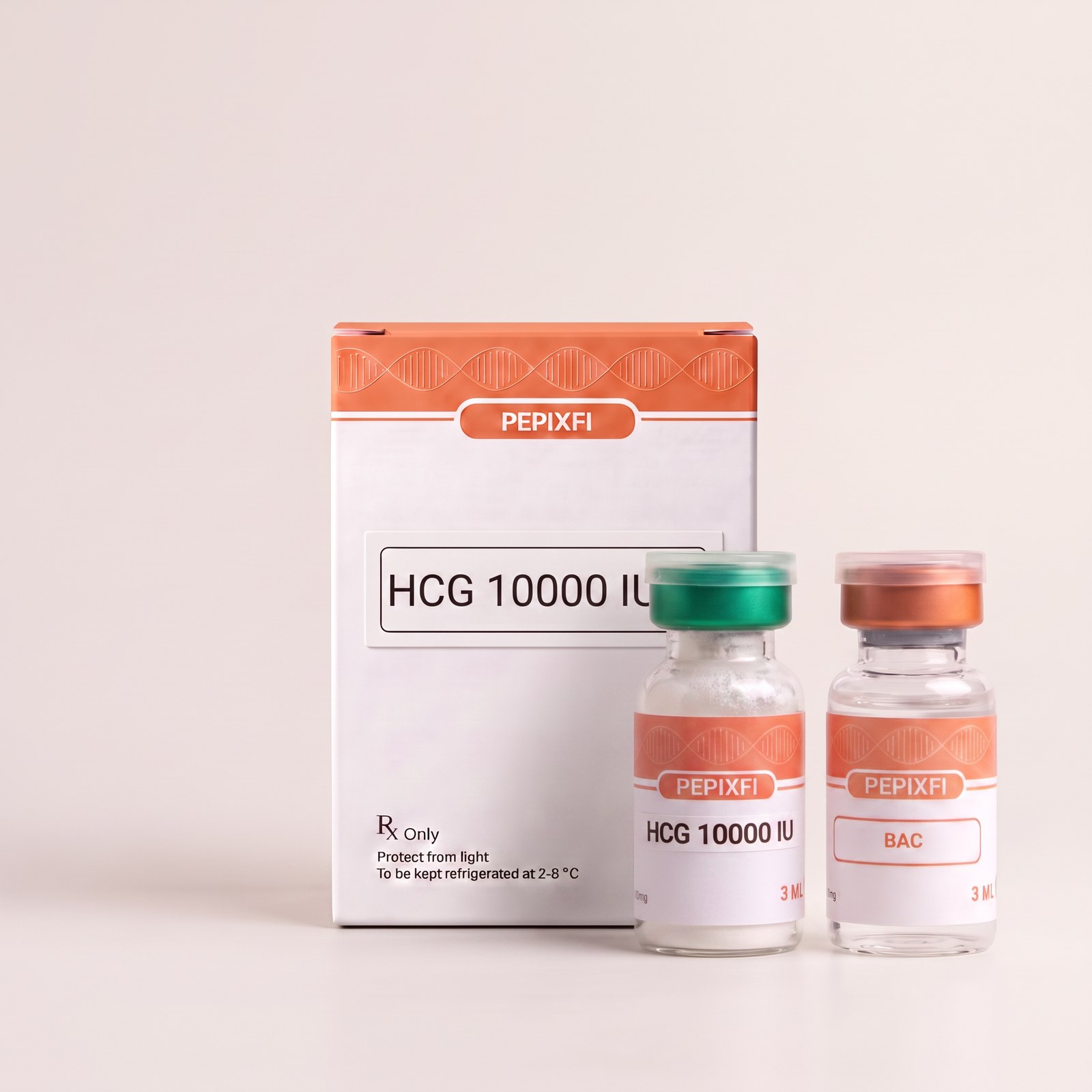 HCG 10.000 IU — vial och BAC-vatten, förpackning från Pepixfi