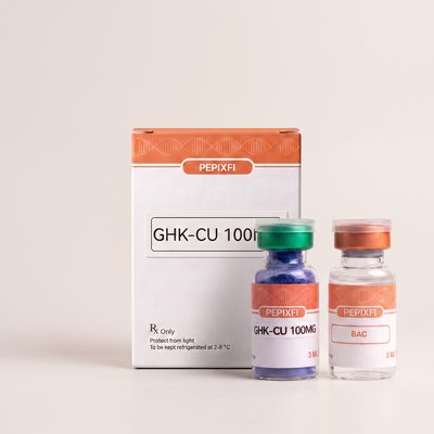 GHK-Cu 100mg — förpackning, vial och medföljande BAC-vatten