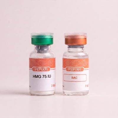 HMG 75 IU — vialen och BAC-vattnet sida vid sida