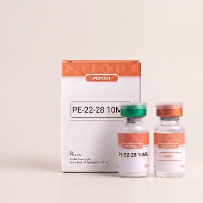PE-22-28 10mg — förpackning, vial och medföljande BAC-vatten, Pepixfi