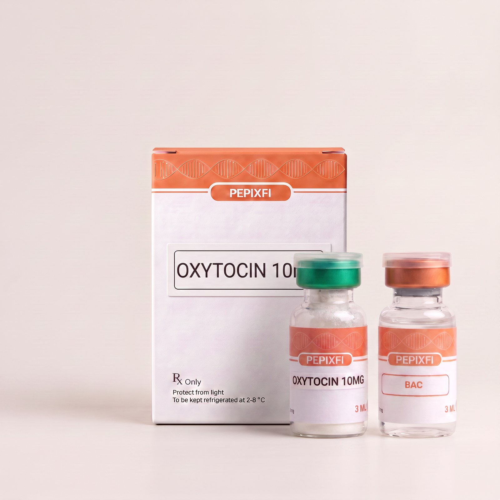 Oxytocin Acetate 10mg — vial och BAC-vatten, förpackning från Pepixfi