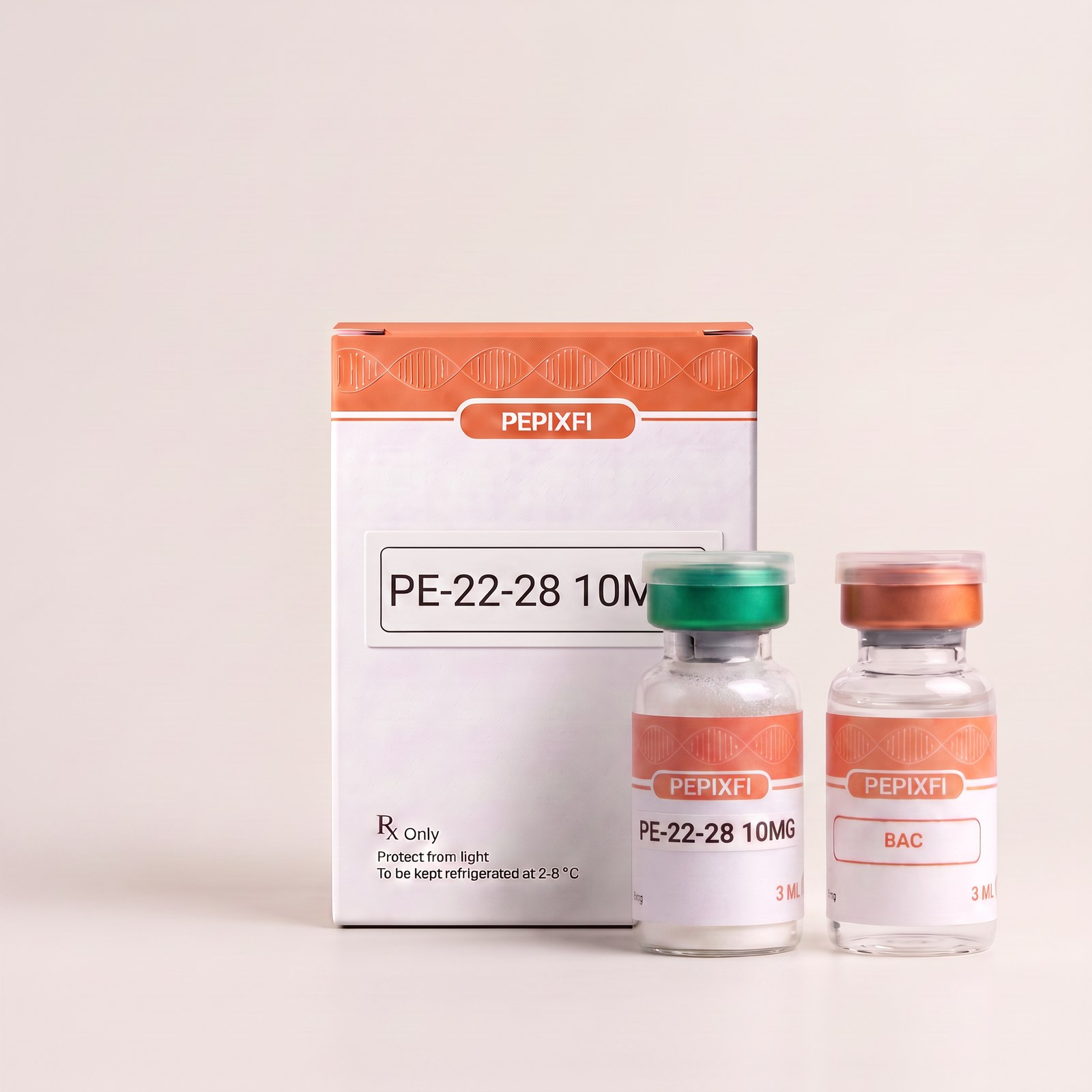 PE-22-28 10mg — vial och BAC-vatten, förpackning från Pepixfi