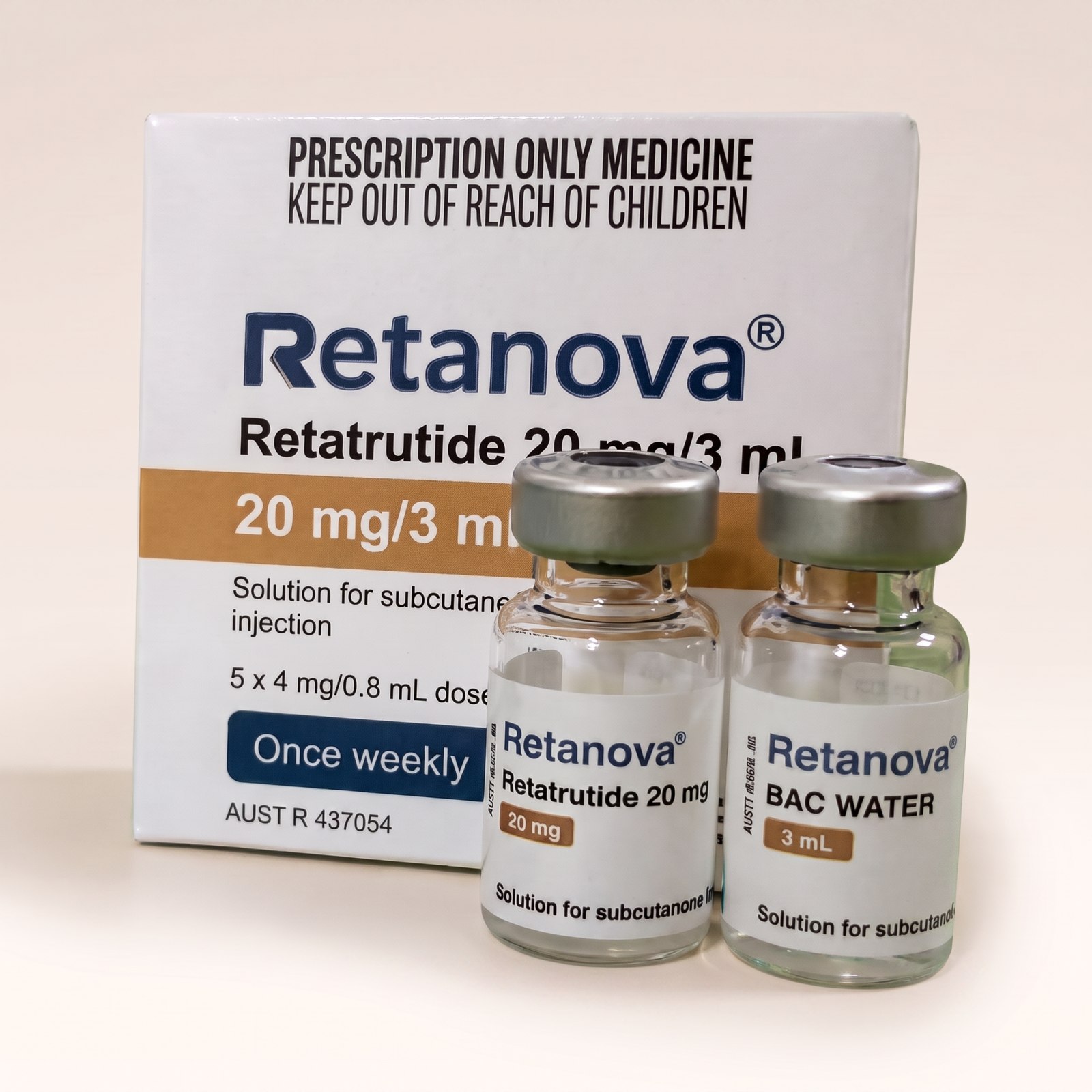 Retatrutide Vial 20mg — vial och BAC-vatten, förpackning från Pepixfi