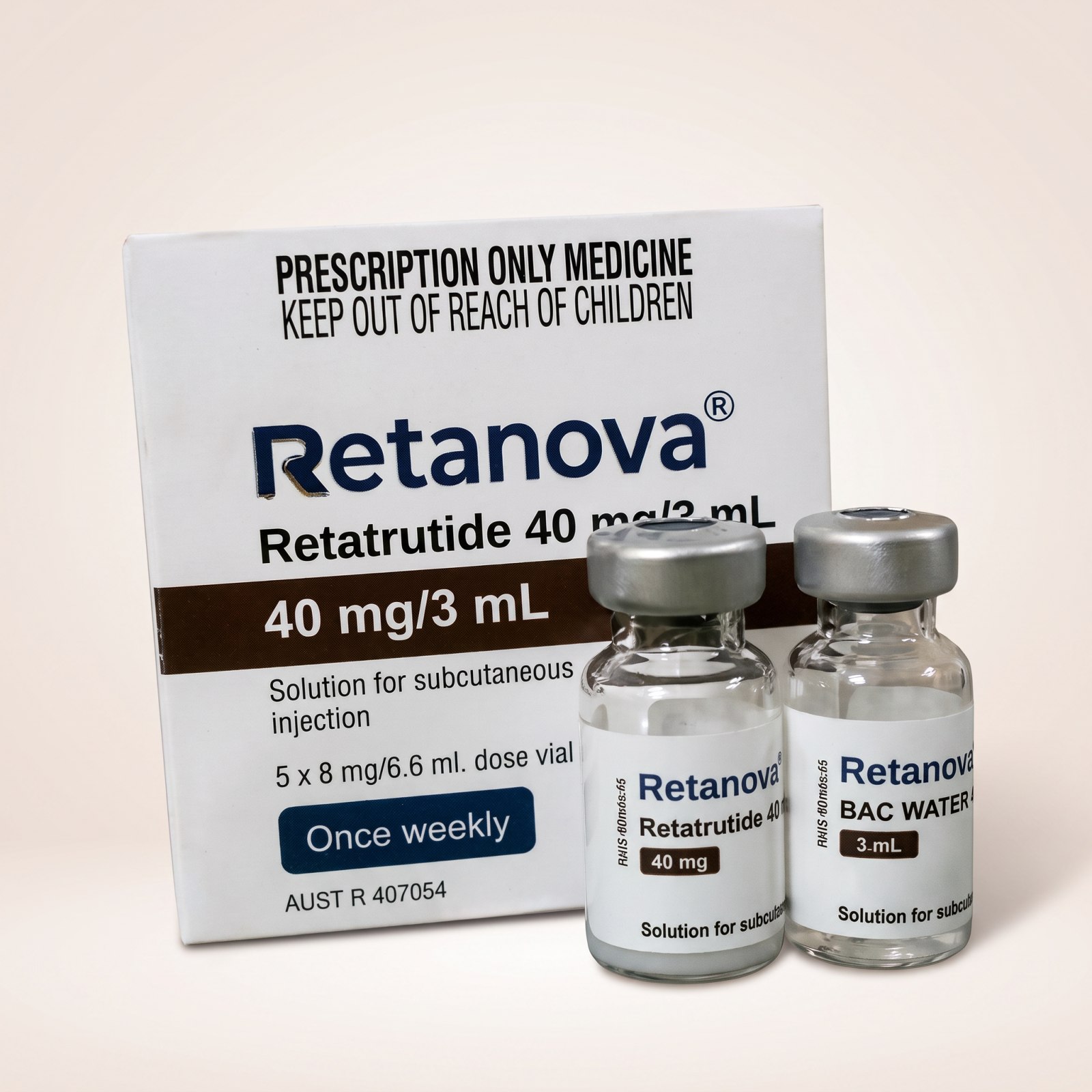 Retatrutide Vial 40mg — vial och BAC-vatten, förpackning från Pepixfi