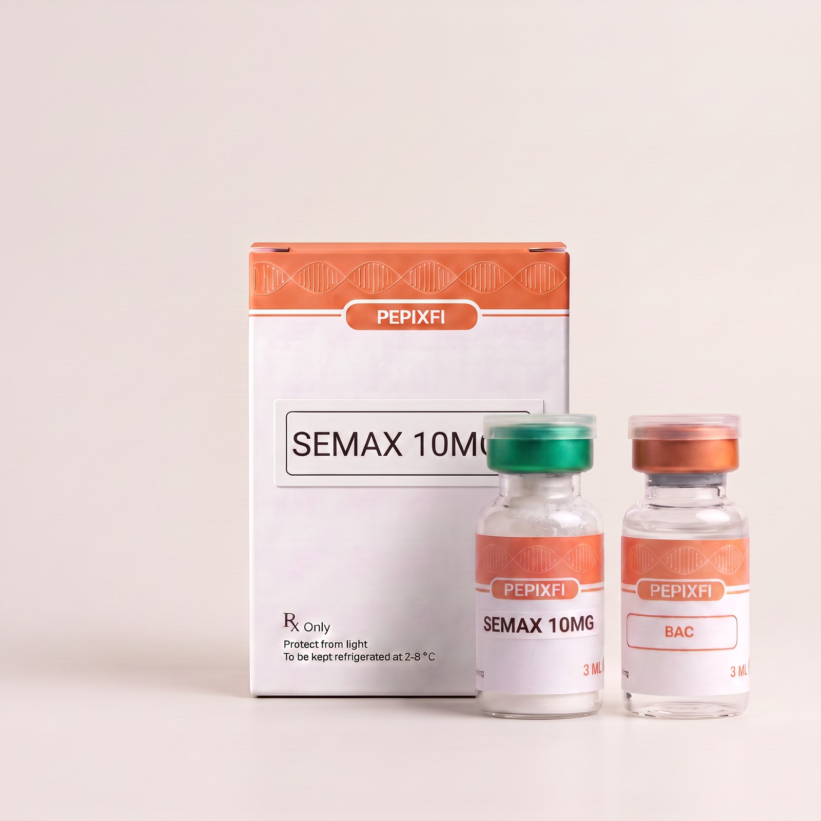 Semax 10mg — vial och BAC-vatten, förpackning från Pepixfi
