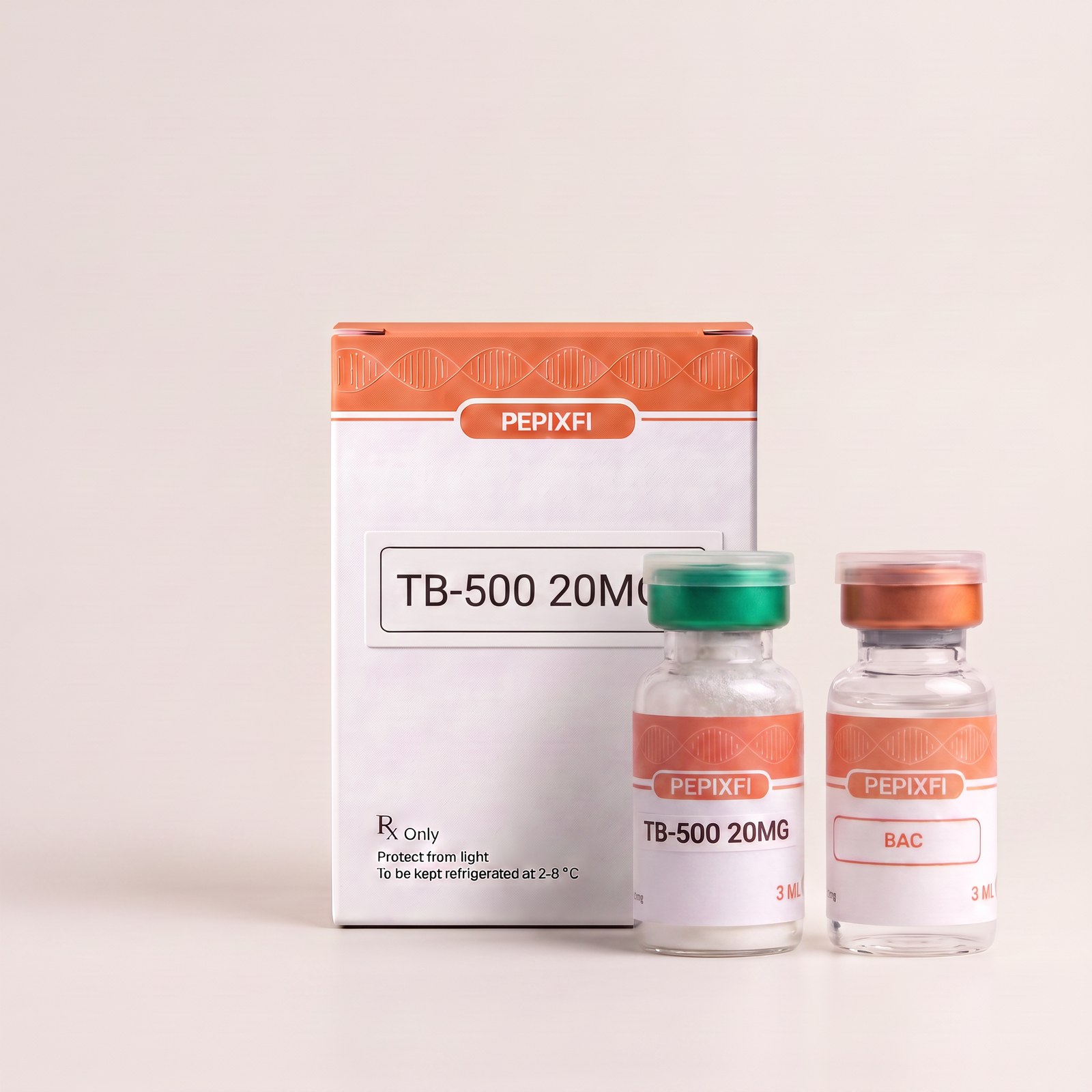TB-500 20mg — vial och BAC-vatten, förpackning från Pepixfi