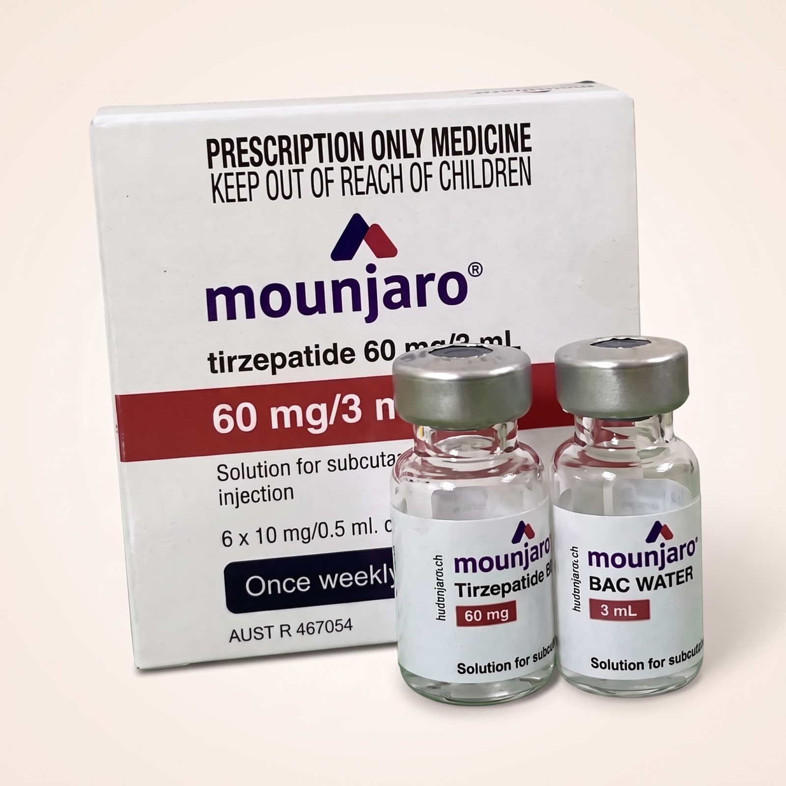 Tirzepatide Vial 60mg — vial och BAC-vatten, förpackning från Pepixfi